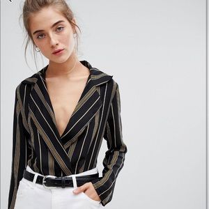 Black wrap top with golden strips, bodysuit US 8